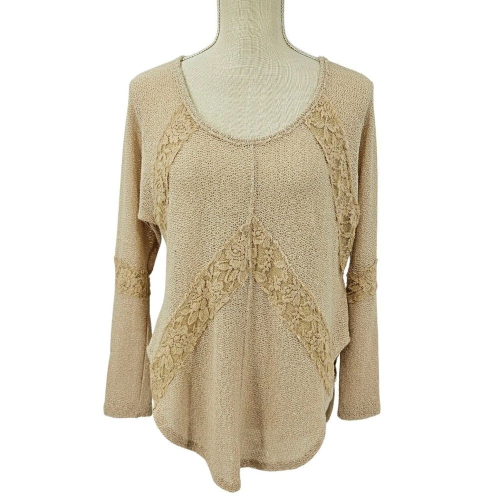 We the Free FP Flying V Hacci Knit Lace Top Beige Women's XS Boho Hippie Beach